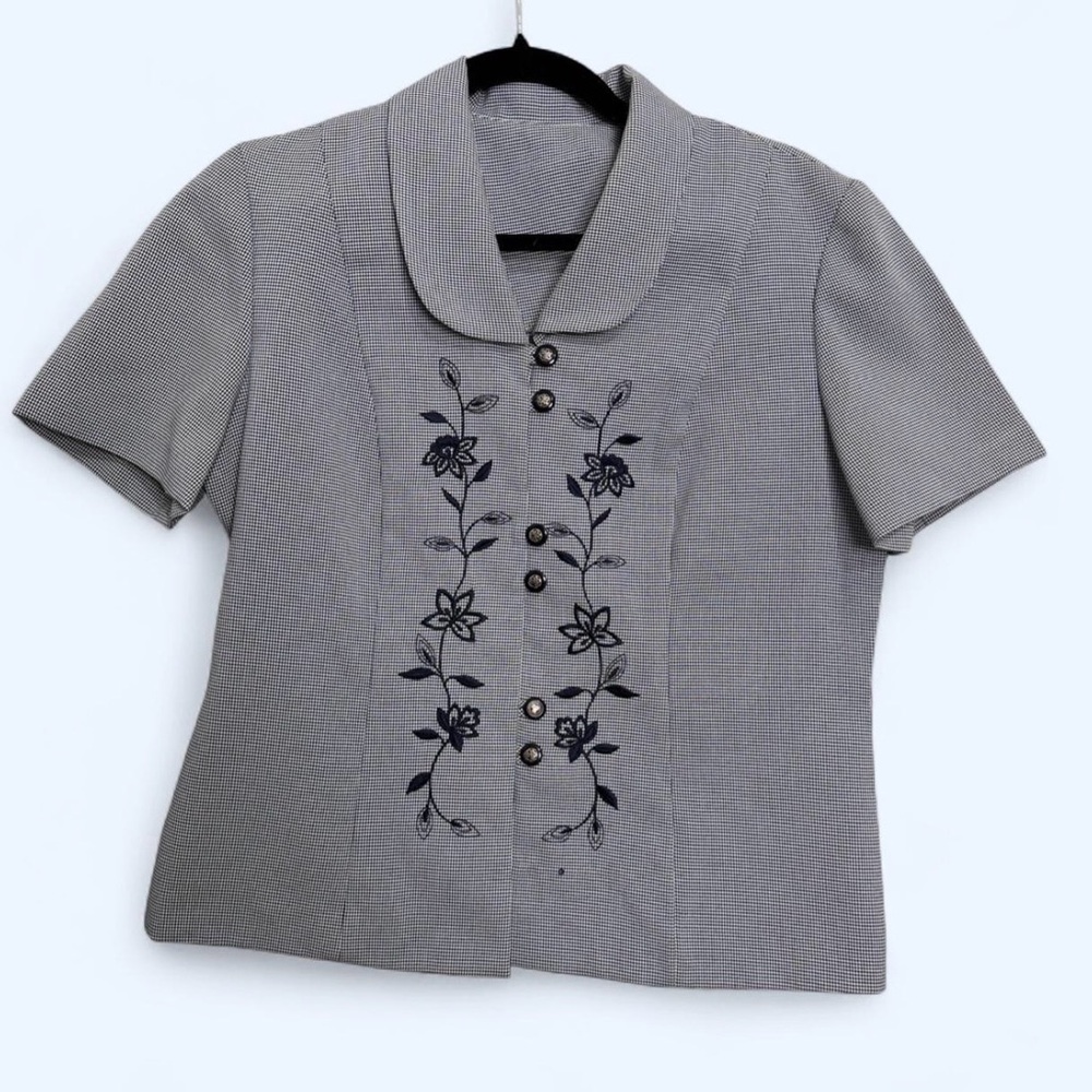 Vintage Houndstooth Floral‎ Embroidery Blouse Dark Academia Teacher Collar Sz M
